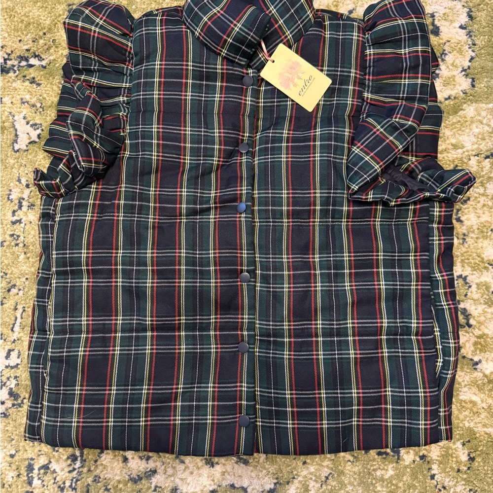 Entro Plaid Puffer Vest with Ruffle Sleeves NWT